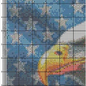 May include: A pixel art pattern of an American bald eagle with a blue, white, and red American flag in the background. The eagle is facing right and has a yellow beak and yellow talons.
