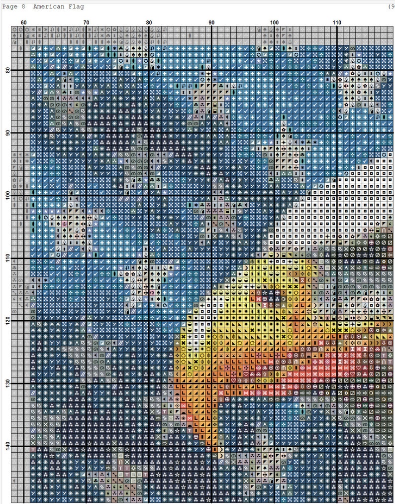 May include: A pixel art pattern of an American bald eagle with a blue, white, and red American flag in the background. The eagle is facing right and has a yellow beak and yellow talons.