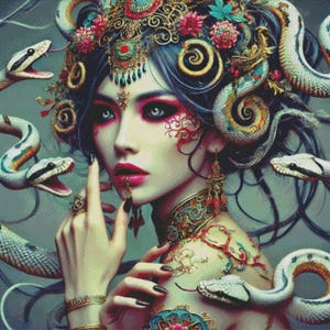 May include: A woman with long dark hair adorned with gold and colorful flowers, snakes wrapped around her head and body. She is wearing a gold necklace and earrings.