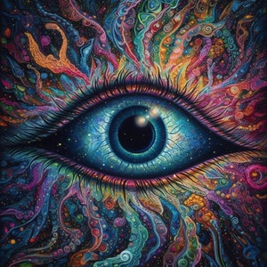 May include: A psychedelic painting of a large blue eye with a black pupil. The eye is surrounded by swirling, colorful patterns and textures.