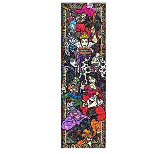 May include: A stained glass style illustration of various Disney villains. The villains include Maleficent, Ursula, Cruella de Vil, the Queen of Hearts, and more. The image is framed in a gold border.
