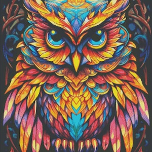 Owl - PDF . Counted cross stitch pattern . Digital design . Instant download . DYI chart . Pattern Keeper compatible . Colorful . Watercolor