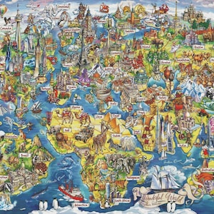 Pode incluir: Um mapa ilustrado detalhado e colorido do mundo apresentando marcos icônicos, vida selvagem diversificada e símbolos culturais regionais em todos os continentes. Uma faixa na parte inferior inclui o texto Wonderful World do artista.