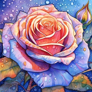 May include: A single pink and orange rose with water droplets on the petals. The rose is in focus and the background is a blurred blue and purple watercolor wash with white dots.
