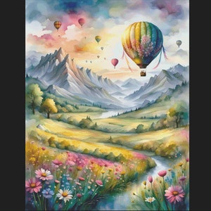 May include: A watercolour painting of a colourful hot air balloon flying over a valley with mountains in the background. The balloon is surrounded by other smaller balloons and the valley is filled with wildflowers.
