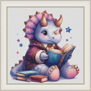 May include: A purple and pink triceratops wearing a burgundy robe reads a blue book with stars on the cover. The triceratops is sitting on a stack of books.