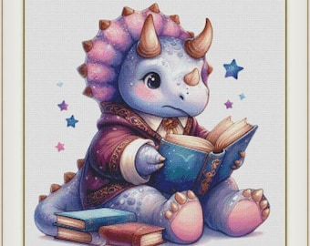 Dino Dino Little Star - PDF . Counted cross stitch pattern . Digital design . Triceratops DIY Chart . Dino bookworm . Bed time story teller