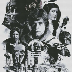 K&ouml;nnte beinhalten: Eine Schwarzwei&szlig;illustration von Charakteren aus dem Star Wars-Franchise. Die Charaktere sind Darth Vader, Luke Skywalker, Prinzessin Leia, Han Solo, Chewbacca, R2-D2, C-3PO, Yoda und ein TIE-J&auml;ger.