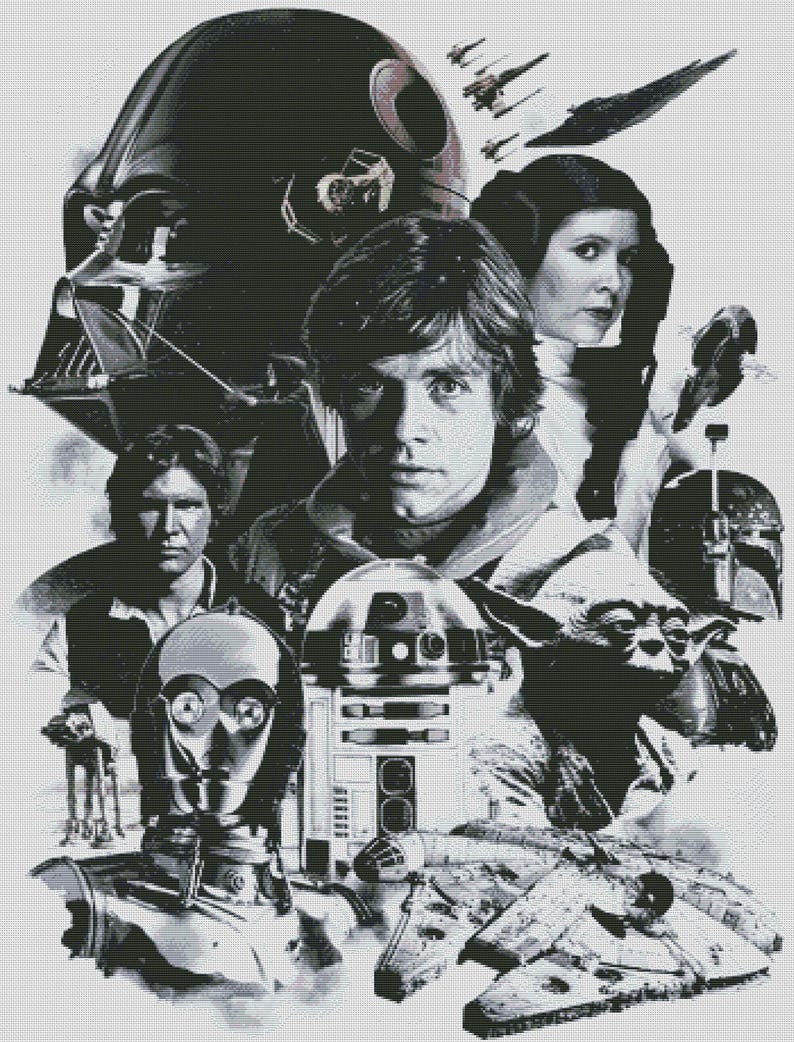 K&ouml;nnte beinhalten: Eine Schwarzwei&szlig;illustration von Charakteren aus dem Star Wars-Franchise. Die Charaktere sind Darth Vader, Luke Skywalker, Prinzessin Leia, Han Solo, Chewbacca, R2-D2, C-3PO, Yoda und ein TIE-J&auml;ger.