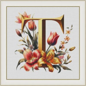 Letra T con flores - Patrón de punto de cruz contado en PDF. Diseño digital. Descarga instantánea. Alfabeto. Lirio atigrado. Flor. Acuarela