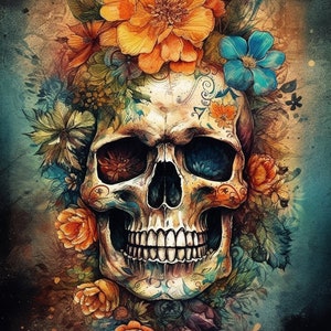 May include: A colorful skull with intricate floral designs, including orange, blue, and yellow flowers, against a dark blue and brown watercolor background.