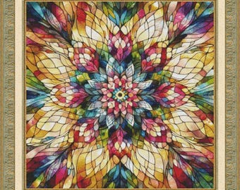 Vibrant Stained Glass Mandala -PDF . Counted cross stitch pattern . Digital design . Instant download . DIY chart . Complex 129 colors chart