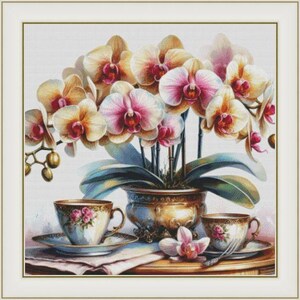 May include: A still life painting of a bouquet of pink and white orchids in a gold and silver vase. Two teacups and saucers are on a table in front of the flowers.