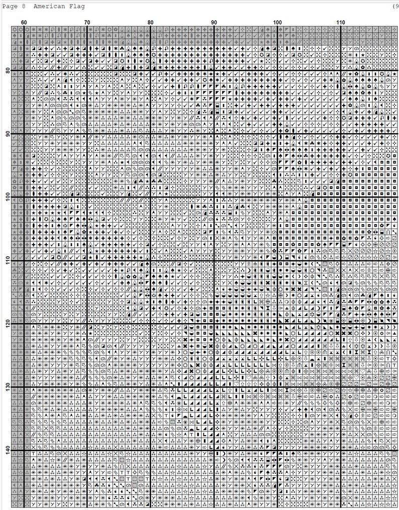 May include: A black and white cross stitch pattern for an American flag. The pattern includes a variety of stitches, including cross stitches, back stitches, and French knots. The pattern is designed to be worked on Aida cloth.