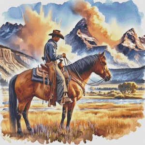 Cowboys - PDF . Gezähltes Kreuzstichmuster . Digitales Design . Sofortiger Download. Gelbstein Berge . Pferd . Horizont . Handgemacht