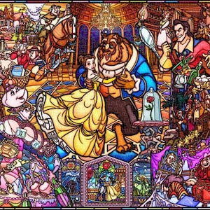 May include: A stained glass style illustration of the Disney film Beauty and the Beast. The image features Belle and the Beast dancing in a ballroom. The scene is filled with other characters from the film, including Mrs. Potts, Lumiere, Cogsworth, and Gaston.