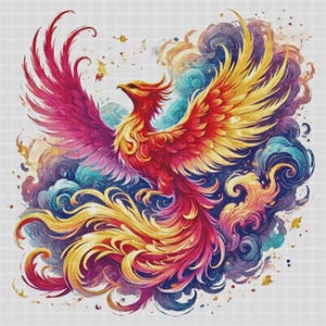 Peut inclure: Un phénix coloré et vibrant aux plumes rouges, orange, jaunes et violettes, s'élevant d'un nuage de fumée tourbillonnant. Le phénix est une créature mythique qui symbolise la renaissance et le renouveau.