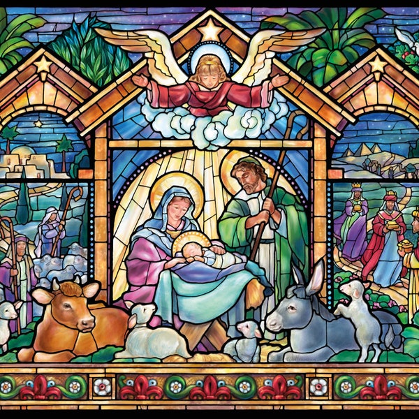 Nativity 2 versions . Christmas - PDF . Counted cross stitch pattern . digital design . Instant download. Stained Glass . Holy Night