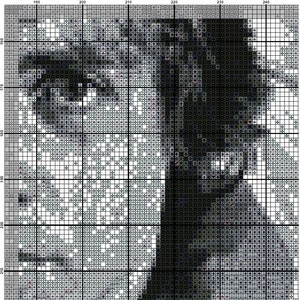 K&ouml;nnte beinhalten: Schwarzwei&szlig;es Pixel-Art-Portr&auml;t einer Person mit kurzen Haaren und einem ernsten Ausdruck. Das Gesicht der Person steht im Mittelpunkt des Bildes, wobei Augen und Mund deutlich sichtbar sind.