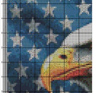May include: A close-up of a cross-stitch pattern of an American flag with a bald eagle. The eagle's head is in the lower right corner of the image. The eagle's eye is visible, and the eagle's beak is open. The eagle's feathers are a mix of yellow, orange, and red. The flag is blue with white stars and red stripes.