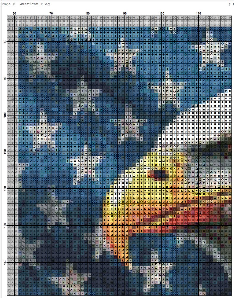 May include: A close-up of a cross-stitch pattern of an American flag with a bald eagle. The eagle's head is in the lower right corner of the image. The eagle's eye is visible, and the eagle's beak is open. The eagle's feathers are a mix of yellow, orange, and red. The flag is blue with white stars and red stripes.