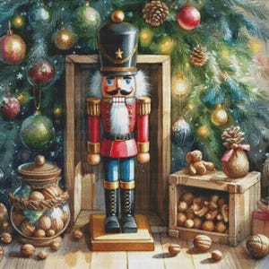 Puede incluir: Una figura de cascanueces de madera se encuentra frente a un árbol de Navidad decorado. El cascanueces lleva un uniforme rojo y azul con ribetes dorados. El árbol está decorado con adornos, luces y piñas.