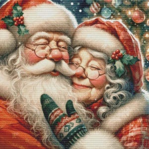 May include: Santa Claus and Mrs. Claus are smiling and hugging each other. Santa is wearing a red hat and a white beard. Mrs. Claus is wearing a red hat and a white dress. They are both wearing glasses.