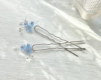 Somthing Blue Flower Wedding Hair Pins Swarovski  Preciosa Pearls & Rhinestone Gems winter hair pins bridesmaids bridal winter wedding