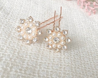Bridal hair pins, rose gold hair pins, wedding hair pins, pearl and rhinestone hair pins, bridesmaids hair pins, gold Hair pins, weddings