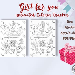 Op de afbeelding: Twee Disney kleurboek trackers met personages als Mickey en Minnie Mouse, Tinkerbell en Olaf. De tekst luidt "Cadeau voor jou, onbeperkte Kleur Tracker." Formaat A5/A4, met stippen/n-stippen, PDF/PNG. Een roze cadeau doos is ook afgebeeld.