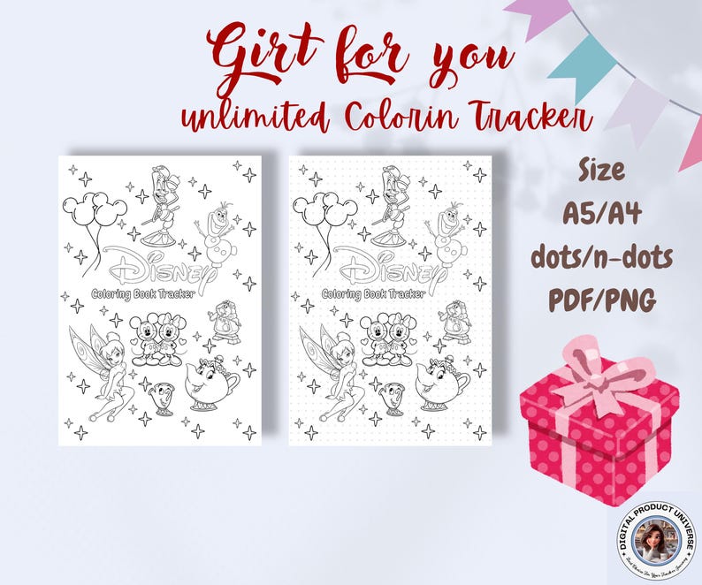 Op de afbeelding: Twee Disney kleurboek trackers met personages als Mickey en Minnie Mouse, Tinkerbell en Olaf. De tekst luidt "Cadeau voor jou, onbeperkte Kleur Tracker." Formaat A5/A4, met stippen/n-stippen, PDF/PNG. Een roze cadeau doos is ook afgebeeld.