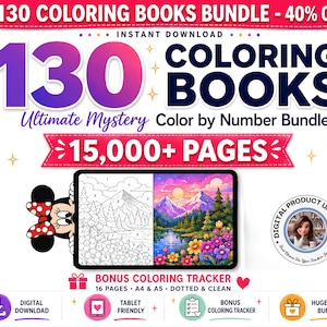 May include: A digital bundle of 130 coloring books featuring 15,000+ pages. The graphic displays the text 130 COLORING BOOKS Ultimate Mystery Color by Number Bundle, a tablet showing a mountain landscape, and a cartoon mouse character.