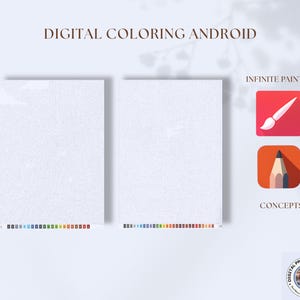 Pu&ograve; includere: Immagine con due tele rettangolari bianche con una tavolozza di colori in basso. Il testo "DIGITAL COLORING ANDROID" &egrave; in alto. Sono visibili anche le icone di "INFINITE PAINTER" e "CONCEPTS".