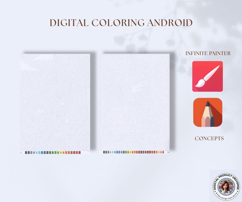 Pu&ograve; includere: Immagine con due tele rettangolari bianche con una tavolozza di colori in basso. Il testo "DIGITAL COLORING ANDROID" &egrave; in alto. Sono visibili anche le icone di "INFINITE PAINTER" e "CONCEPTS".