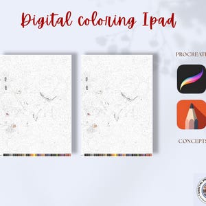 Op de afbeelding: Afbeelding met twee digitale kleurplaten op een iPad, met de tekst "Digital coloring iPad" in rood script. De app-pictogrammen van Procreate en Concepts zijn ook zichtbaar, wat duidt op digitale kunst of kleuren.