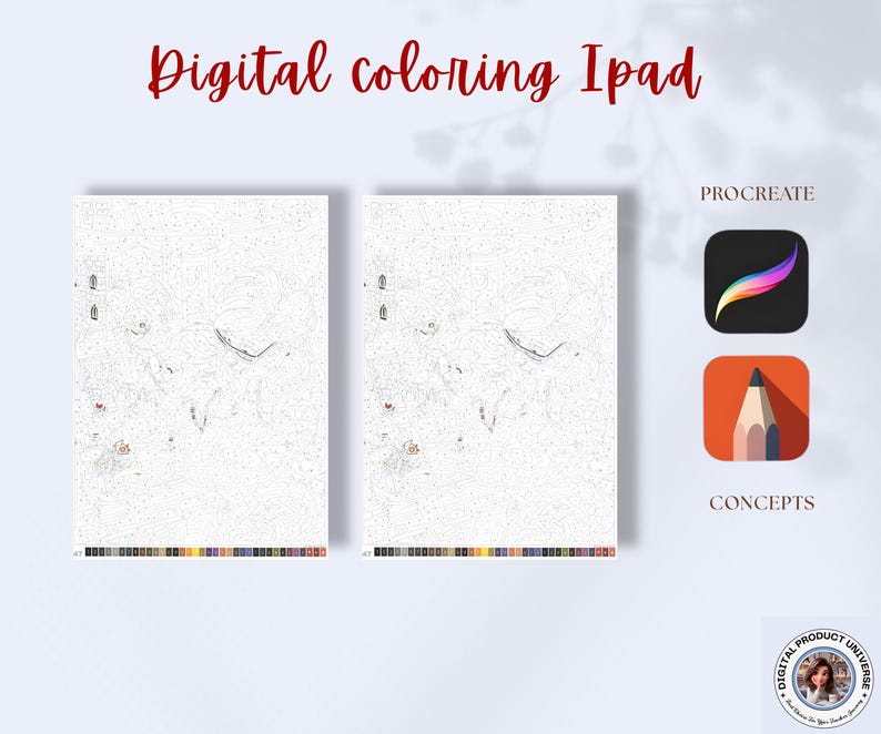 Op de afbeelding: Afbeelding met twee digitale kleurplaten op een iPad, met de tekst "Digital coloring iPad" in rood script. De app-pictogrammen van Procreate en Concepts zijn ook zichtbaar, wat duidt op digitale kunst of kleuren.