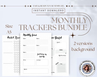 Monats-Bullet-Journal-Seiten | Monats-Tracker-Bundle | Druckbare Seiten | Titelseite für das Monatsjournal | Planerseiten | Punkte | Wellness-Tracker