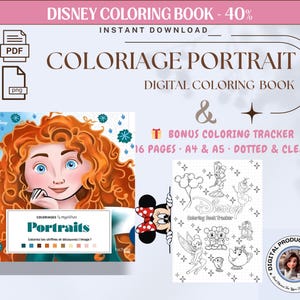May include: Digital Disney colouring book with a bonus colouring tracker. The cover features a portrait of a character with red hair and blue eyes. The book includes 16 pages, A4 & A5 sizes, dotted and clean pages. The text says "Coloriage Portrait".