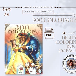 以下が含まれることがあります： デジタル塗り絵本、300ページ、表紙にベルと野獣が踊るイラスト。267ページ、デジタルダウンロード、A4サイズ。