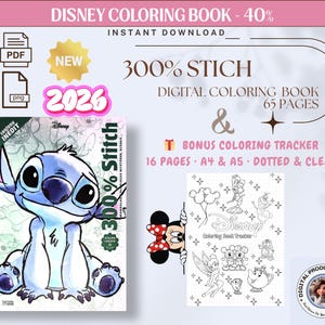 Puede incluir: Libro para colorear digital de Disney con Stitch, con 65 p&aacute;ginas y un rastreador de coloreado adicional. La portada muestra a Stitch, con el texto "300% Stitch" y "2026". Incluye archivos PDF y PNG para descarga instant&aacute;nea.