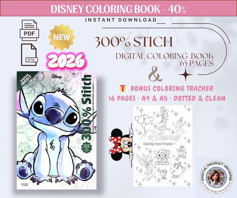 Puede incluir: Libro para colorear digital de Disney con Stitch, con 65 p&aacute;ginas y un rastreador de coloreado adicional. La portada muestra a Stitch, con el texto "300% Stitch" y "2026". Incluye archivos PDF y PNG para descarga instant&aacute;nea.