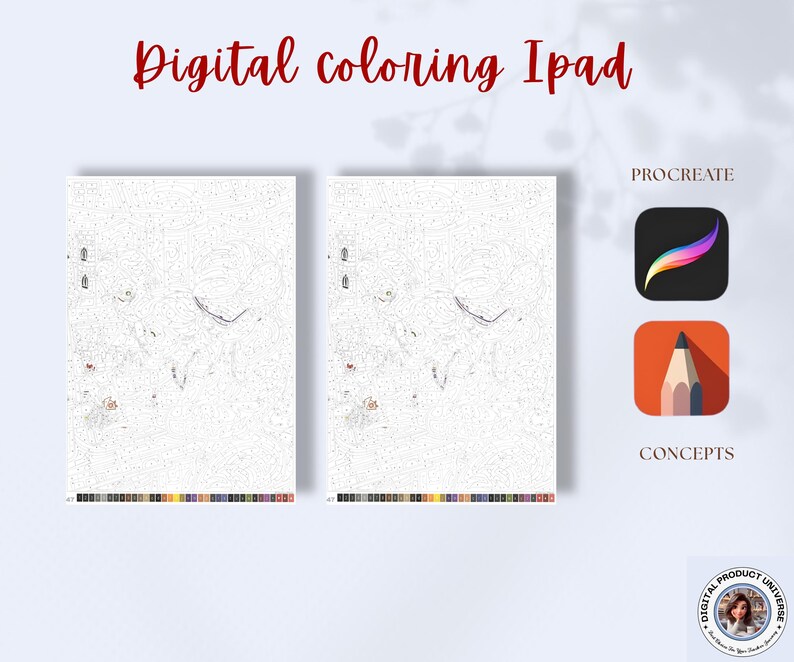 Puede incluir: Imagen que presenta dos p&aacute;ginas para colorear digitales en un iPad, con el texto "Digital coloring iPad" en escritura roja. La imagen tambi&eacute;n incluye los iconos de las aplicaciones Procreate y Concepts, lo que sugiere herramientas de arte digital.