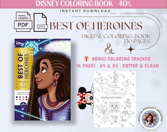 Libro da colorare per adulti Disney Best of Heroines | Mistero da colorare in base ai numeri in PDF | Pagine da colorare digitali | Bonus Coloring Tracker