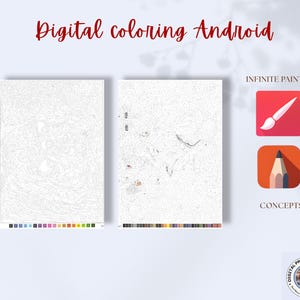 Op de afbeelding: Twee witte doeken met lijntekeningen om digitaal in te kleuren, met het opschrift "Digitaal kleuren Android". De afbeelding bevat app-pictogrammen voor Infinite Painter en Concepts, samen met een kleurenpalet aan de onderkant van elk doek. Een logo van Digital Product Universe staat rechtsonder.