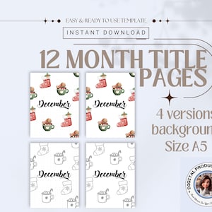 12 Month Title Bullet Journal Pages-Twelve Month Cover Bullet Journal Pages-PRINTABLE Title Pages-Monthly Journal Title Page-Planner Cover
