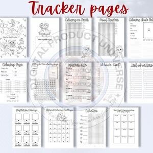 Op de afbeelding: Een verzameling afdrukbare trackerpagina's voor kleurboeken. De pagina's bevatten kleurboektrackers, stemmingsvolgers en lijsten. De titel "Tracker pages" staat in rode letters bovenaan.