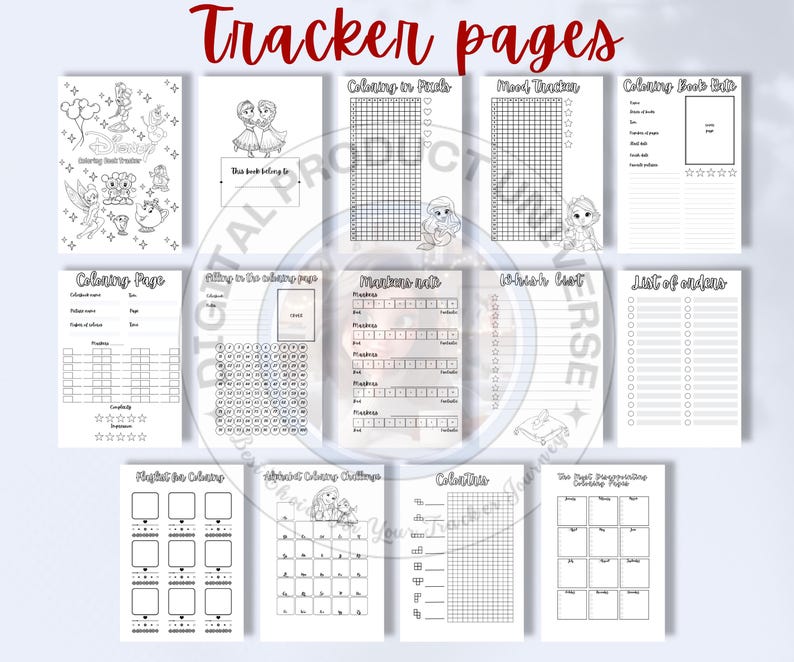 Op de afbeelding: Een verzameling afdrukbare trackerpagina's voor kleurboeken. De pagina's bevatten kleurboektrackers, stemmingsvolgers en lijsten. De titel "Tracker pages" staat in rode letters bovenaan.