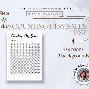 Può includere: Tracker di vendite Etsy stampabile in formato A5 e Letter. Il tracker ha uno sfondo bianco con cerchi neri e numeri da 1 a 100. Il testo "Counting Etsy Sales" è in cima alla pagina.
