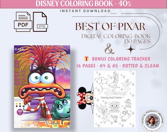 Libro da colorare per adulti Disney Best of Pixar | Colore misterioso in base ai numeri in PDF | Pagine da colorare digitali | Bonus Coloring Tracker