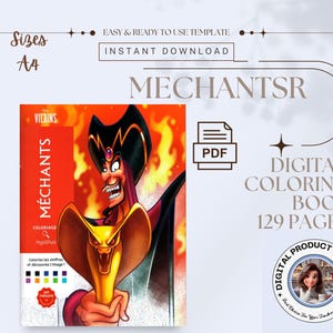 Pu&ograve; includere: Libro da colorare digitale con 129 pagine. La copertina presenta un'illustrazione vibrante di un personaggio cattivo con un bastone a forma di cobra su uno sfondo infuocato. Il libro &egrave; etichettato "Villains" e "M&eacute;chants" con il testo "Coloriez les chiffres et d&eacute;couvrez l'image!"